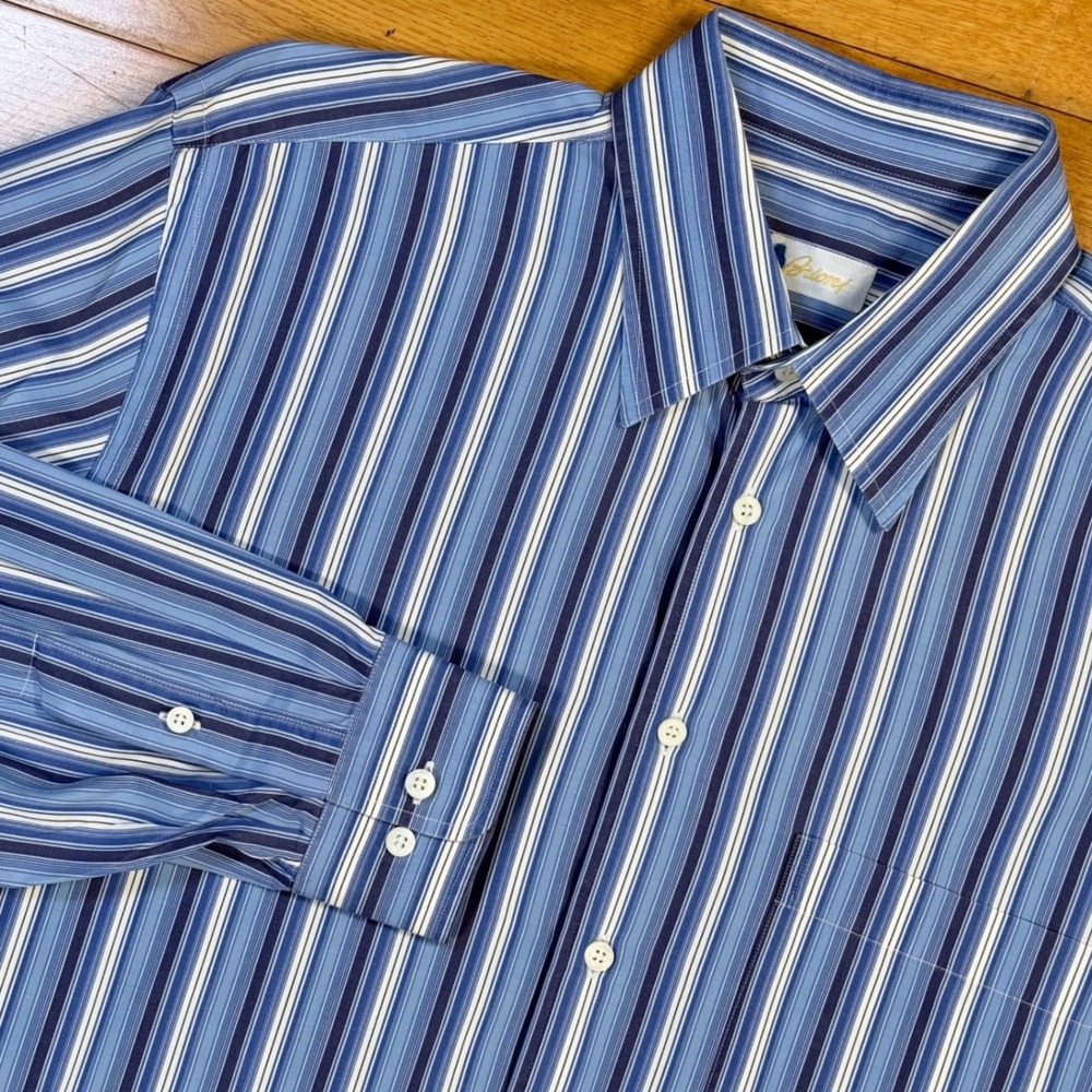 Brioni Mens‎ Large Blue White Striped Cotton Long Sleeve Button Down Shirt Italy